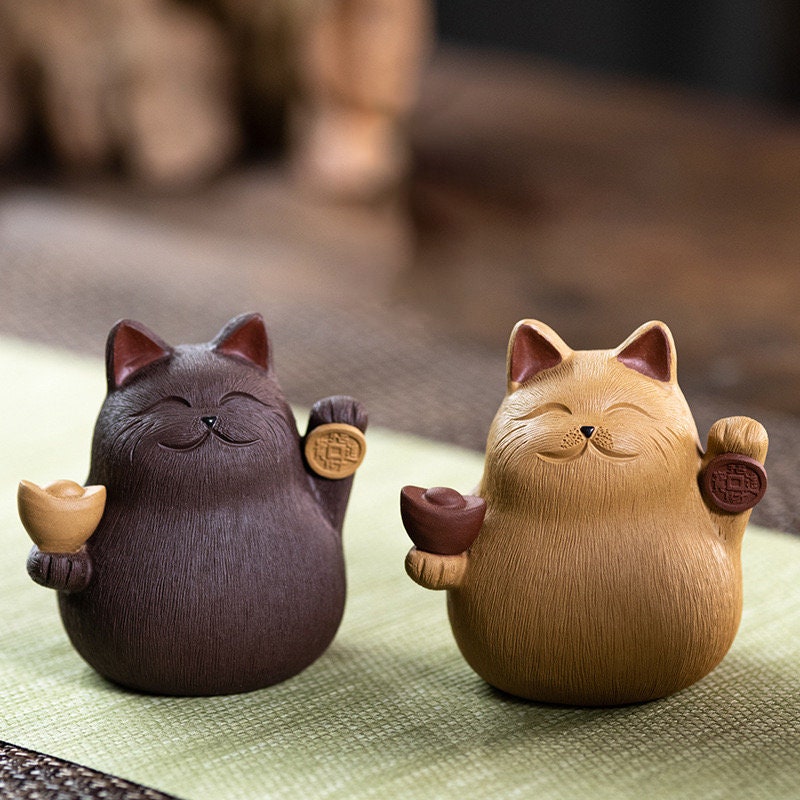 Gohobi Handmade cat ornaments Tea pets ceramic YiXing clay Chinese Gongfu tea Kung fu tea Japanese Chado unique ornaments