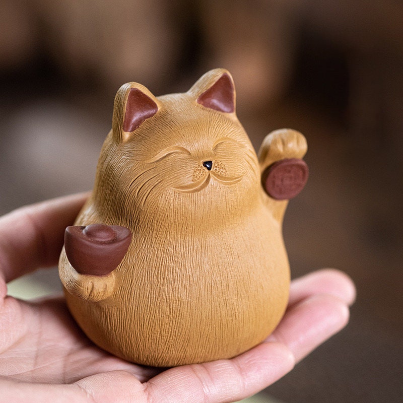 Gohobi Handmade cat ornaments Tea pets ceramic YiXing clay Chinese Gongfu tea Kung fu tea Japanese Chado unique ornaments
